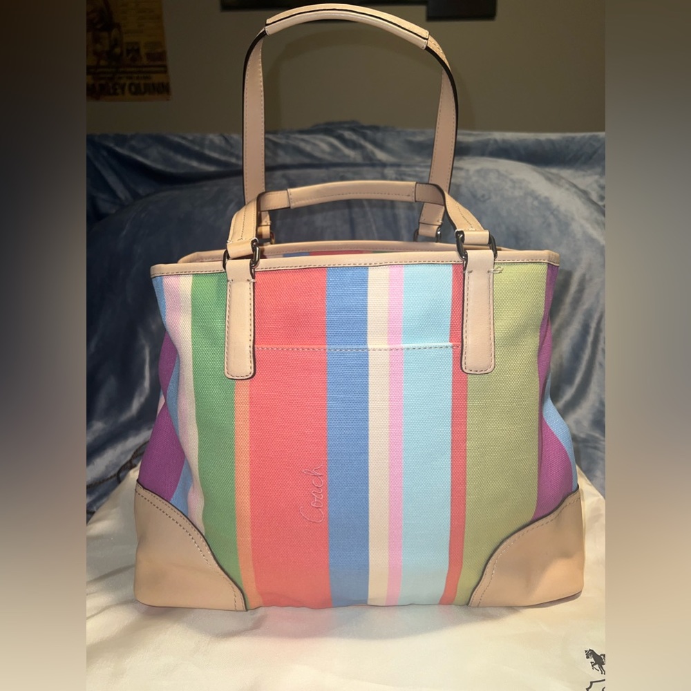 Coach striped canvas and leather shoulder bag